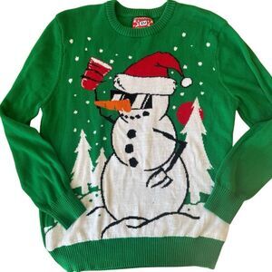 Jen Holiday Sweater Green Snowman Drinking Cup College Party Ugly Sweater Large